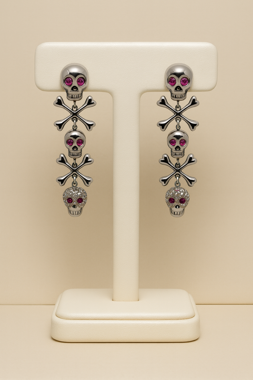 Skull &amp; Bones Drop Earrings 18ct Gold with Diamonds &amp; Pink Rubies