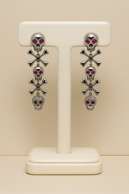 Skull &amp; Bones Drop Earrings 18ct Gold with Diamonds &amp; Pink Rubies