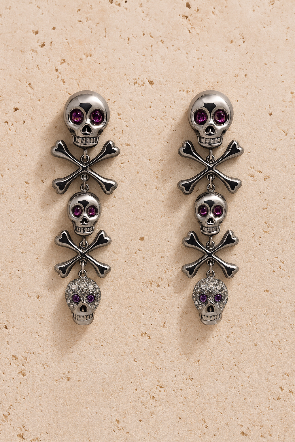 Skull &amp; Bones Drop Earrings 18ct Gold with Diamonds &amp; Pink Rubies