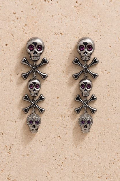 Skull &amp; Bones Drop Earrings 18ct Gold with Diamonds &amp; Pink Rubies