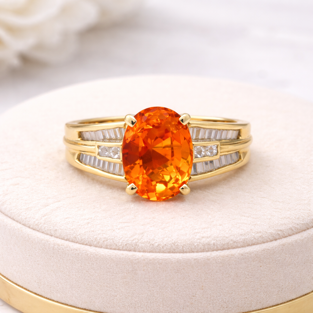 18ct Yellow Gold Fire Opal &amp; Baguette Diamond Ring