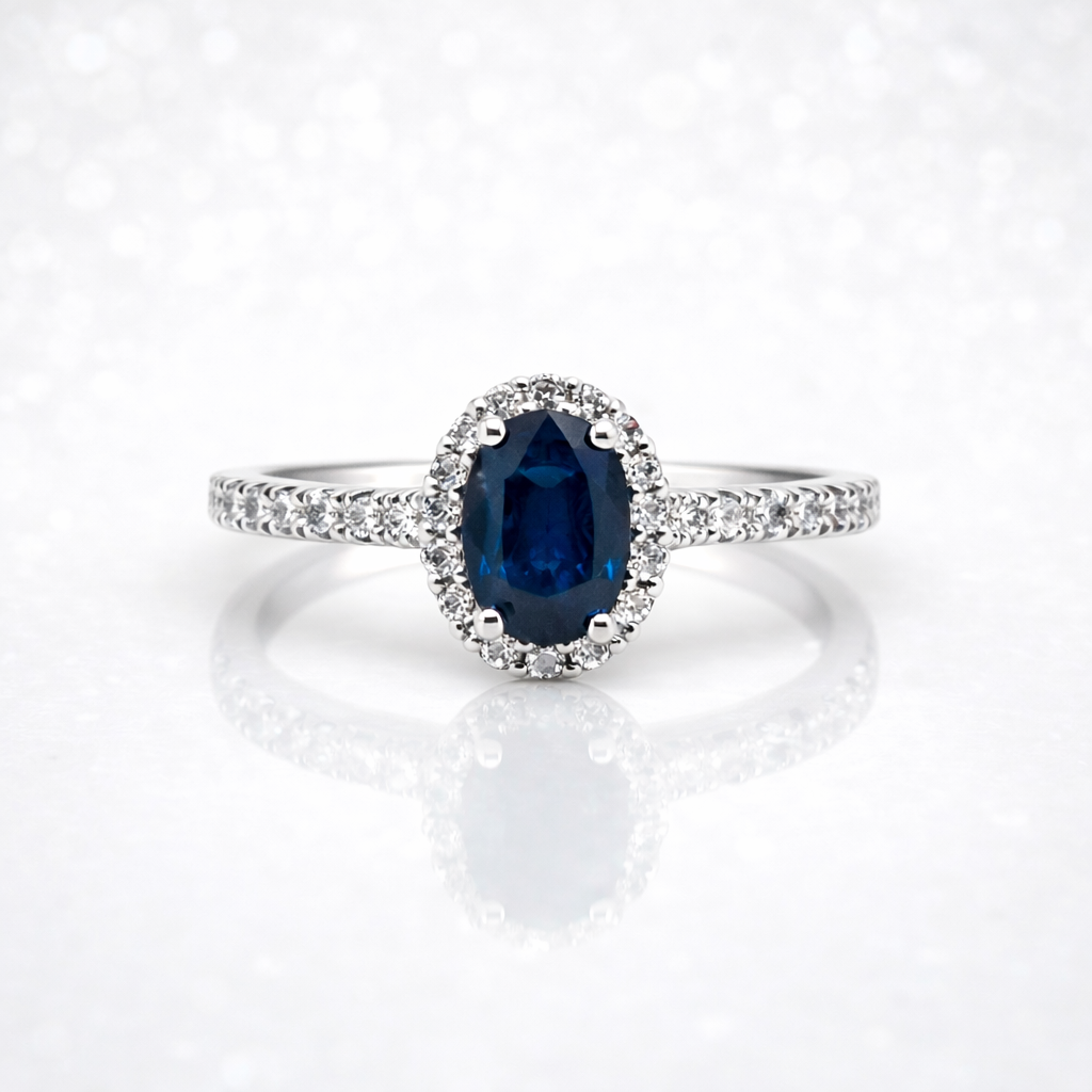 Oval Sapphire &amp; Diamond Halo Ring in 14ct White Gold