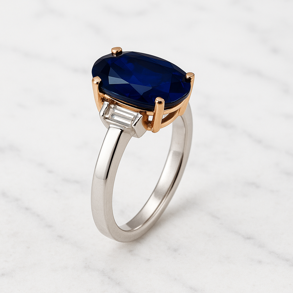 4.63ct Oval Cut Natural Sapphire with Baguette Diamonds