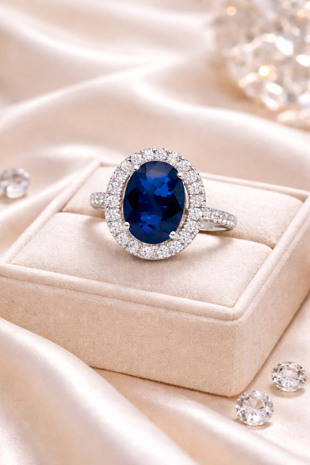 Oval Sapphire &amp; Diamond Halo Ring