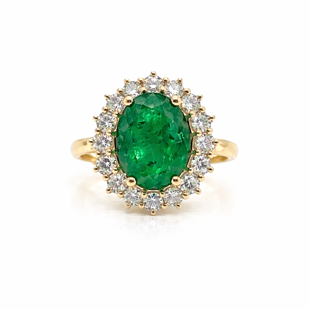 Green Emerald &amp; Diamonds Halo Ring