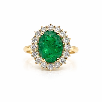 Green Emerald &amp; Diamonds Halo Ring