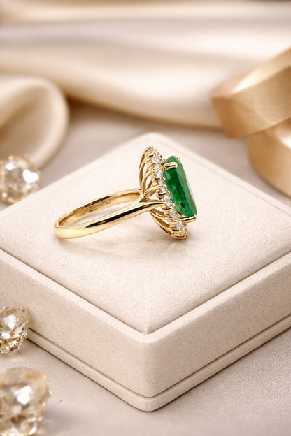 Green Emerald &amp; Diamonds Halo Ring