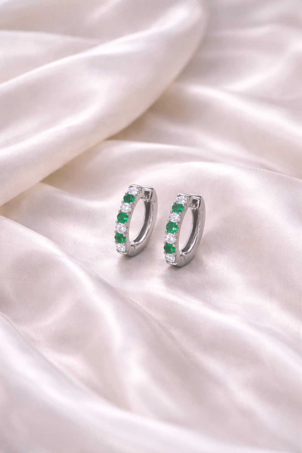 Emerald &amp; Diamond Hoop Earrings in White Gold