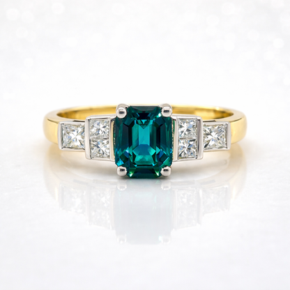 Radiant Teal Sapphire &amp; Diamond  Ring