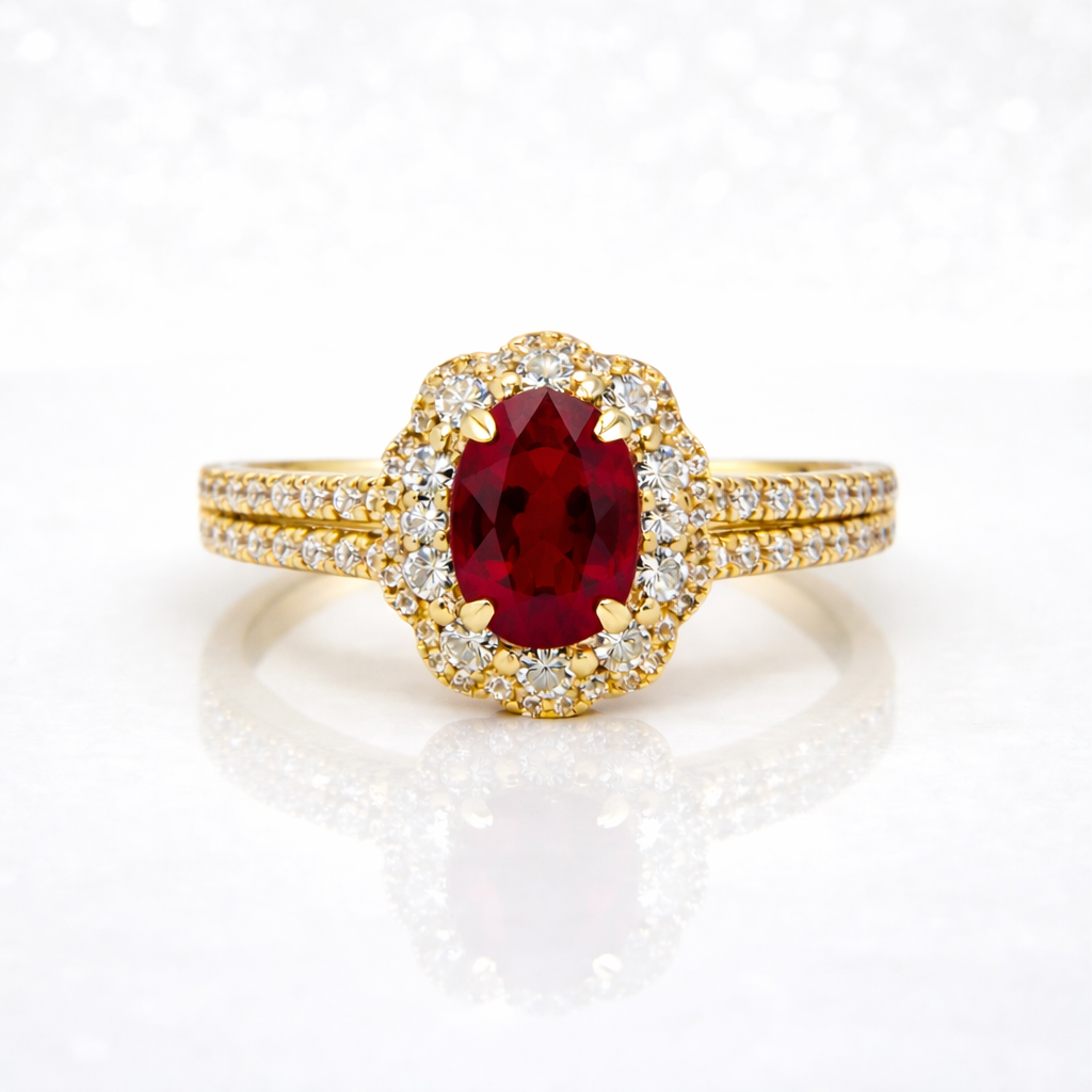 Oval Ruby &amp; Diamond Halo Ring