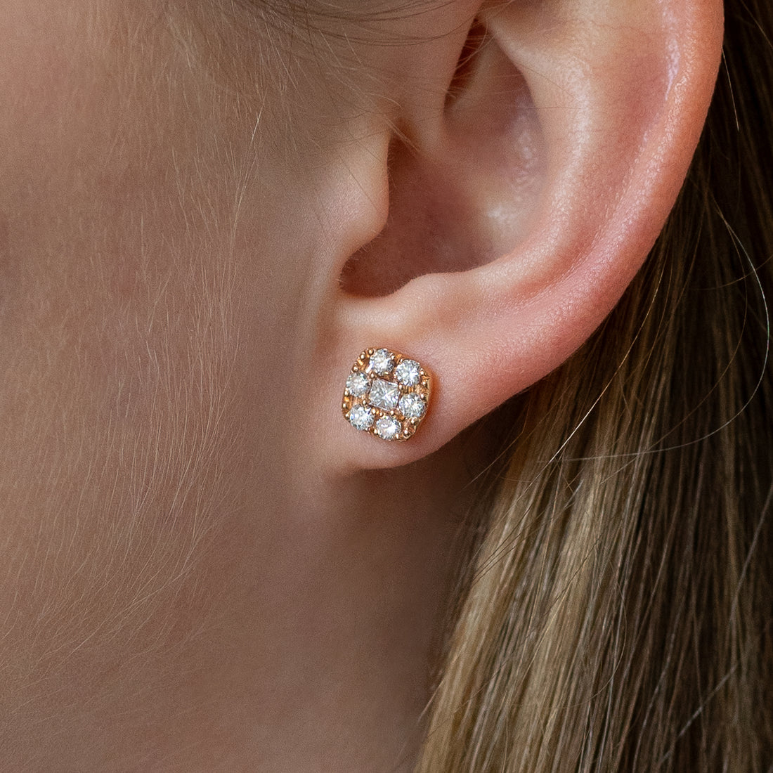 Diamond Cluster Stud Earrings in Rose Gold