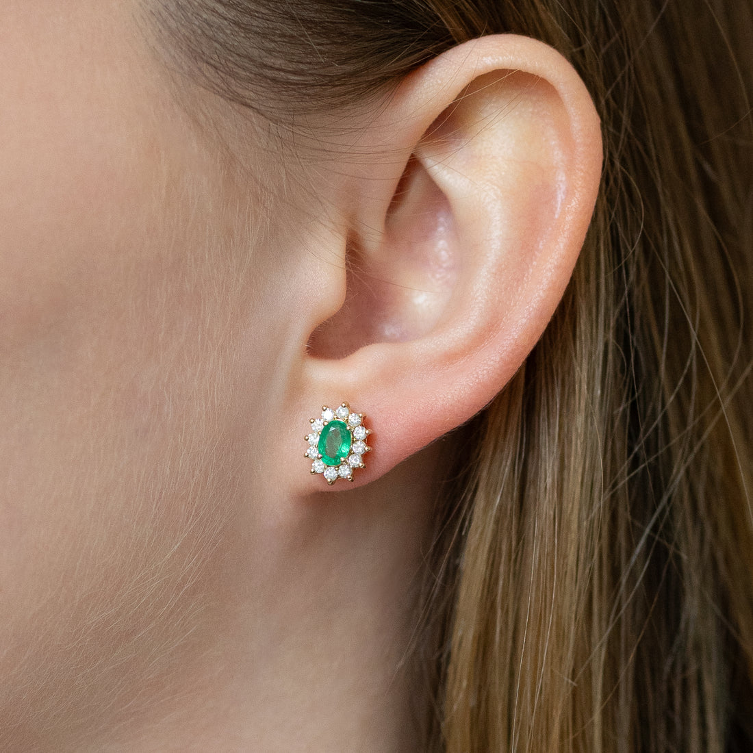 Oval Emerald Earrings with Diamond Halo