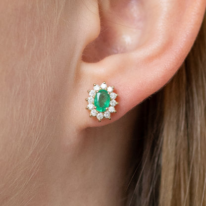 Oval Emerald Earrings with Diamond Halo