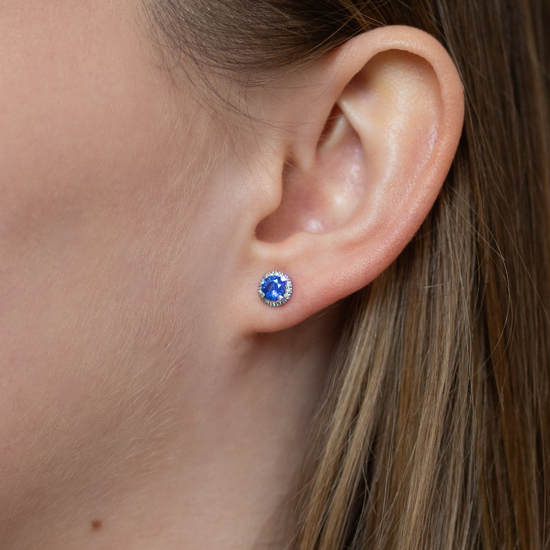 Sea Blue Sapphire Earrings with Diamond Halo