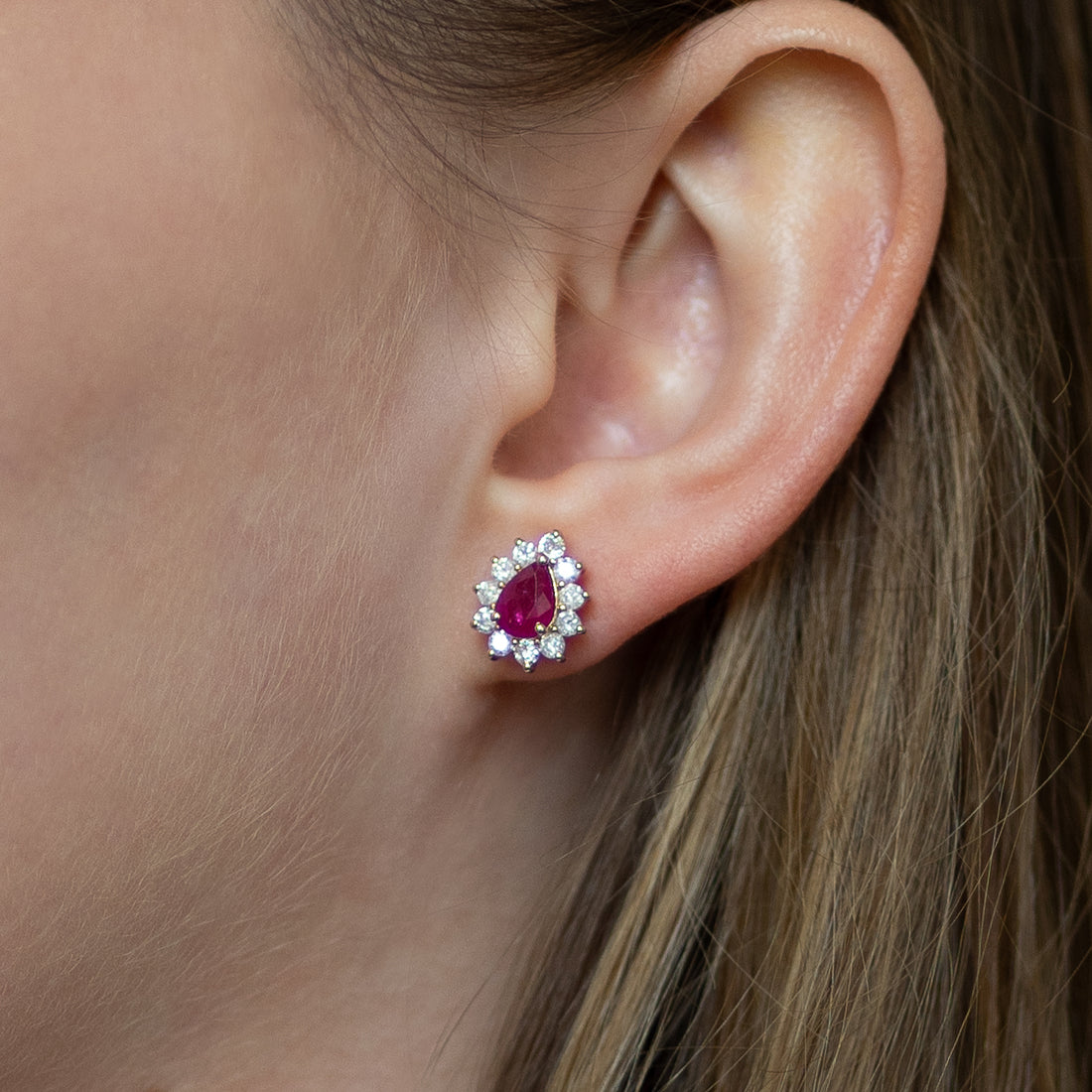 Pear Shape Ruby Earrings with Diamond Halo