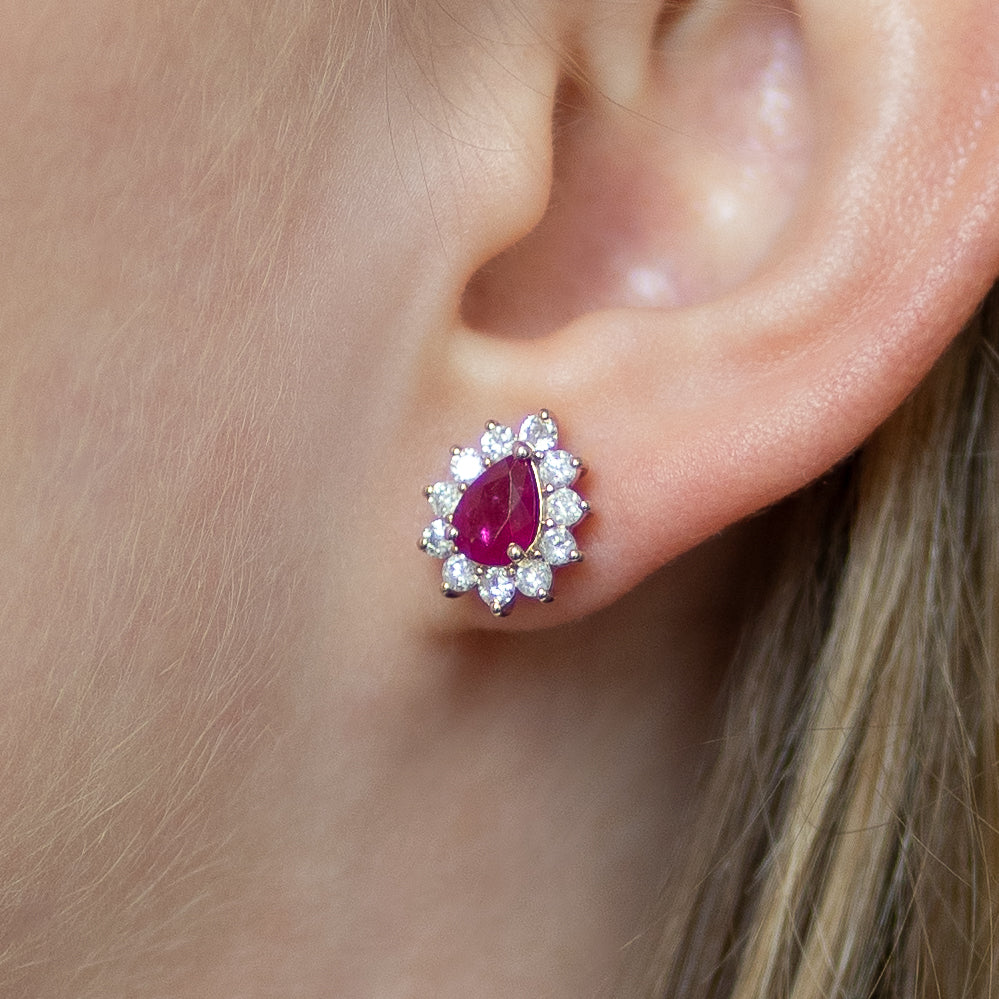 Pear Shape Ruby Earrings with Diamond Halo