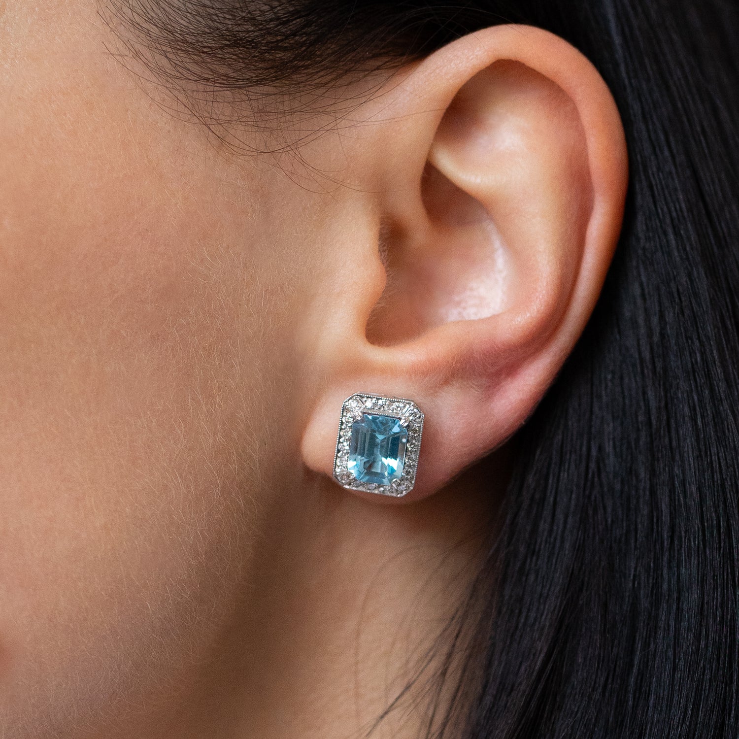 Blue Topaz Stud Earrings with Diamonds