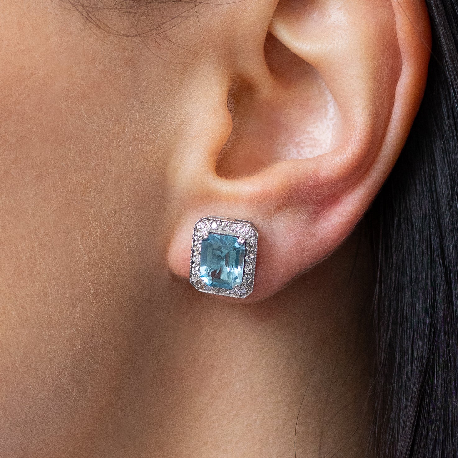 Blue Topaz Stud Earrings with Diamonds