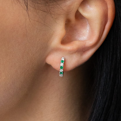 Emerald &amp; Diamond Hoop Earrings in White Gold