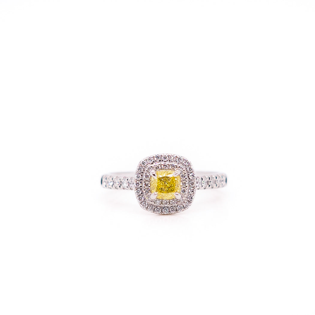0.50ct Yellow Cushion Cut Diamond Ring with Double Halo