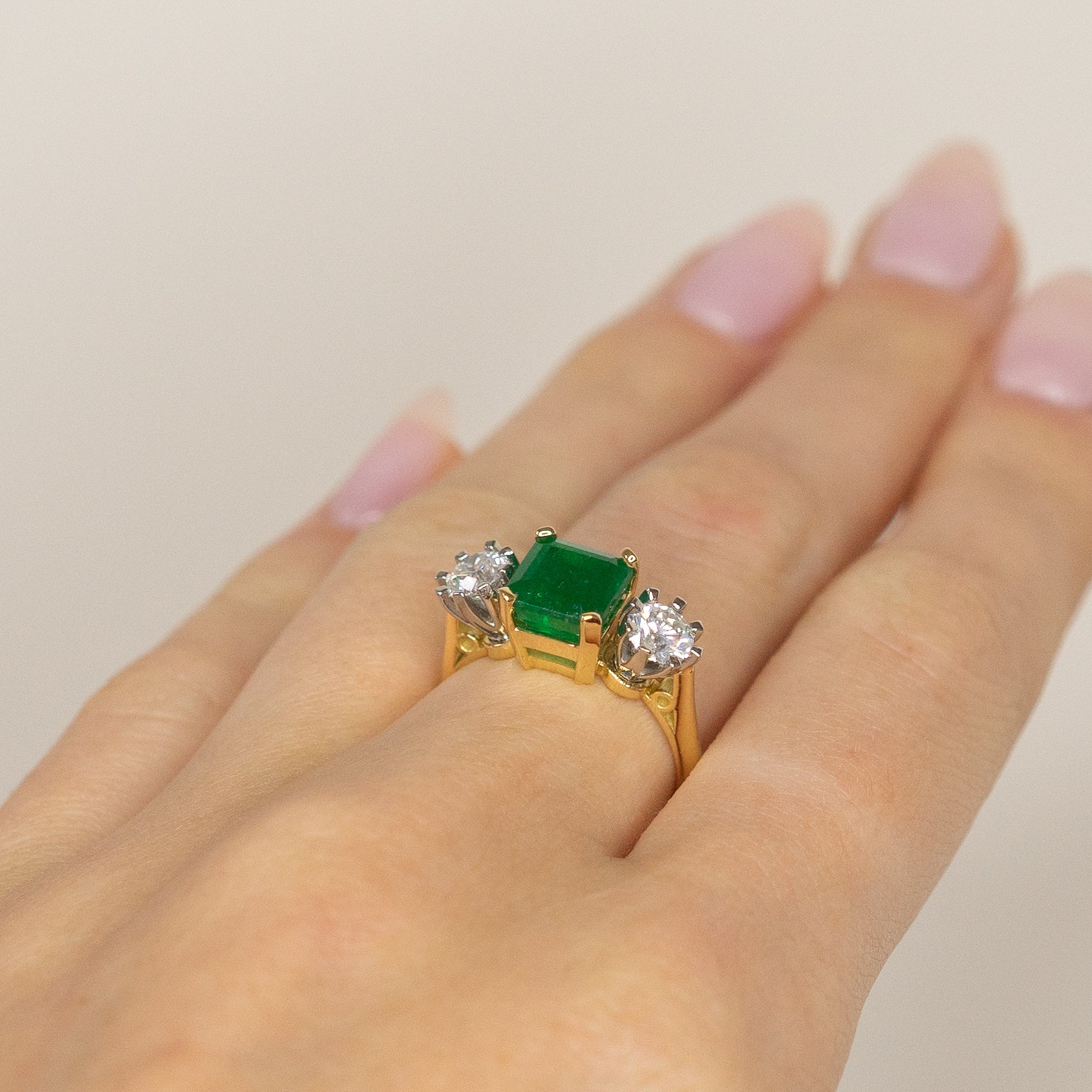 2.49ct Emerald Trilogy Ring with Diamonds in Yellow Gold