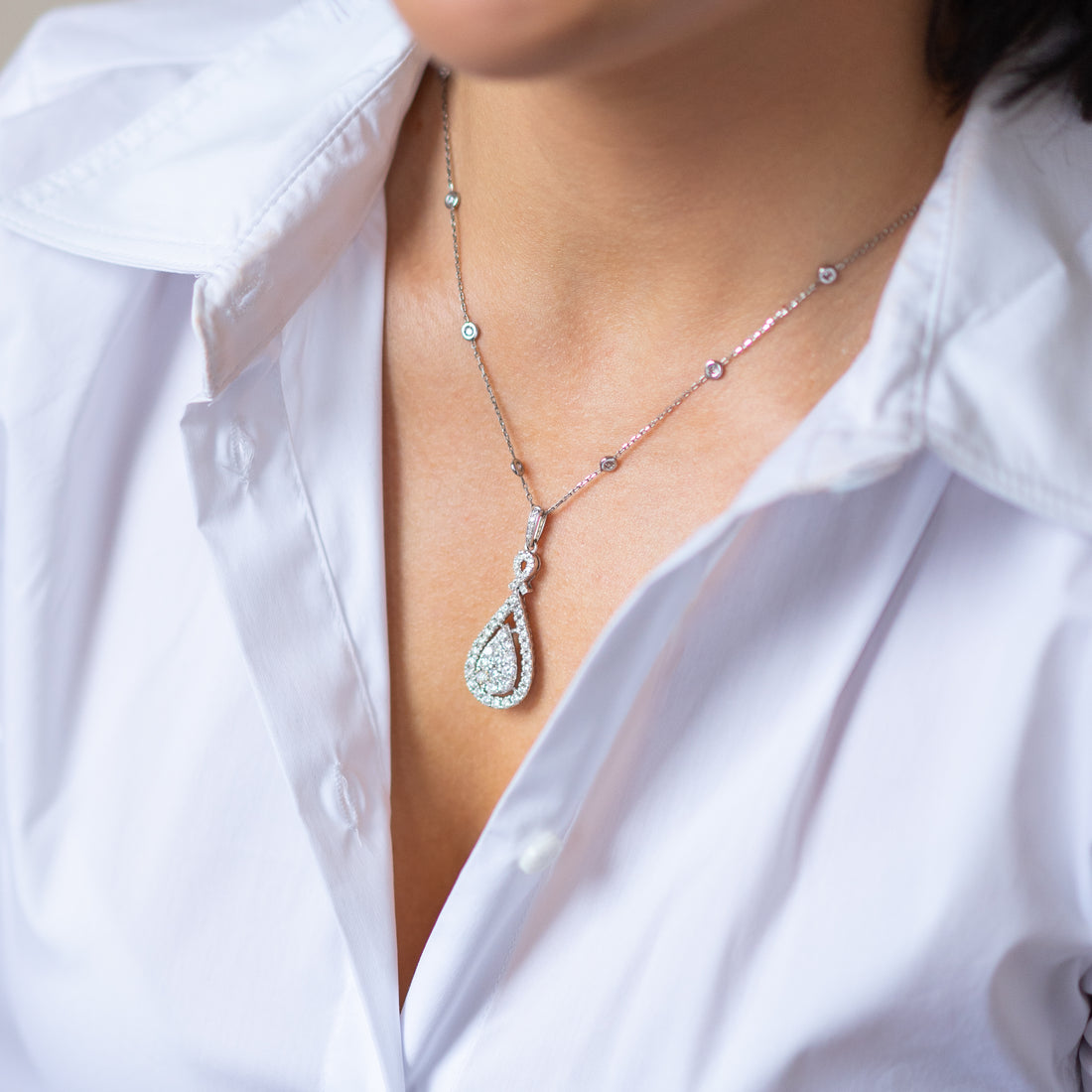 Pear Shape Diamond Pendant with Diamonds on Chain