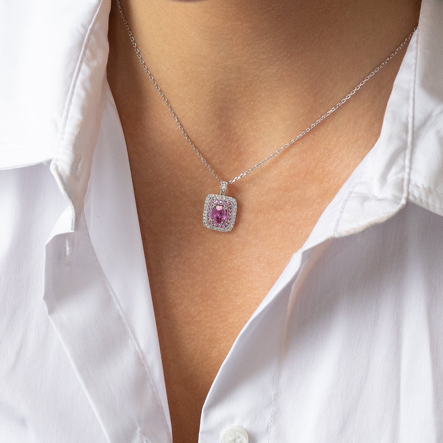 Pink Sapphire Pendant in White Gold