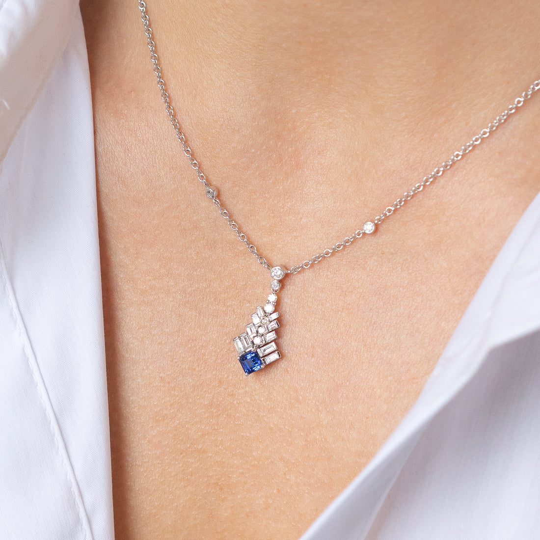 Sapphire and Diamond Pendant in White Gold