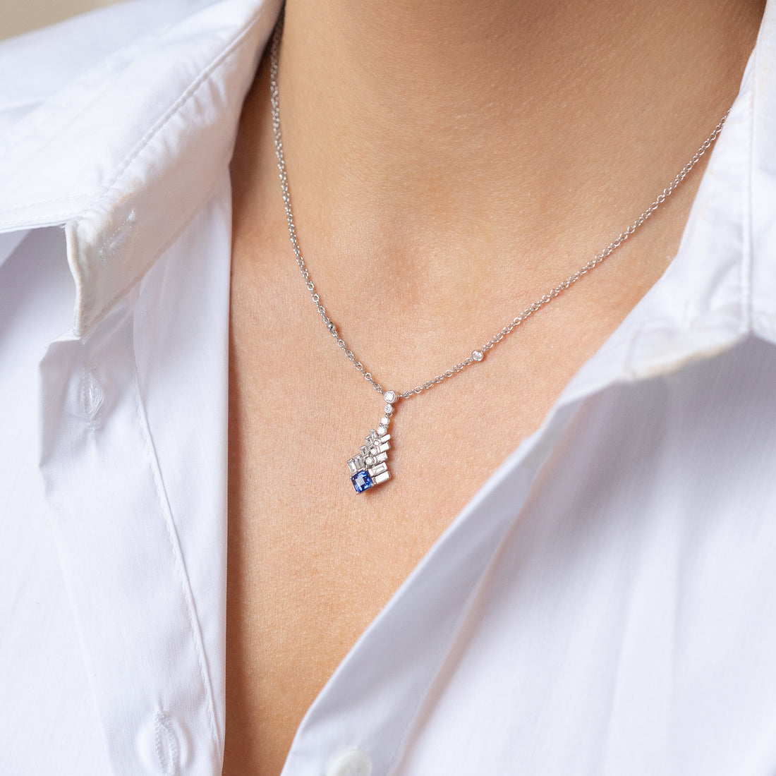 Sapphire and Diamond Pendant in White Gold