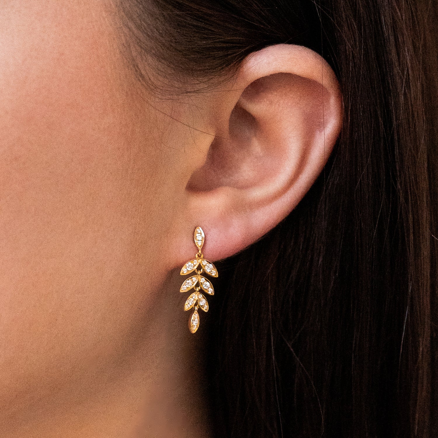 Leaf Style Gold Earrings with Diamonds