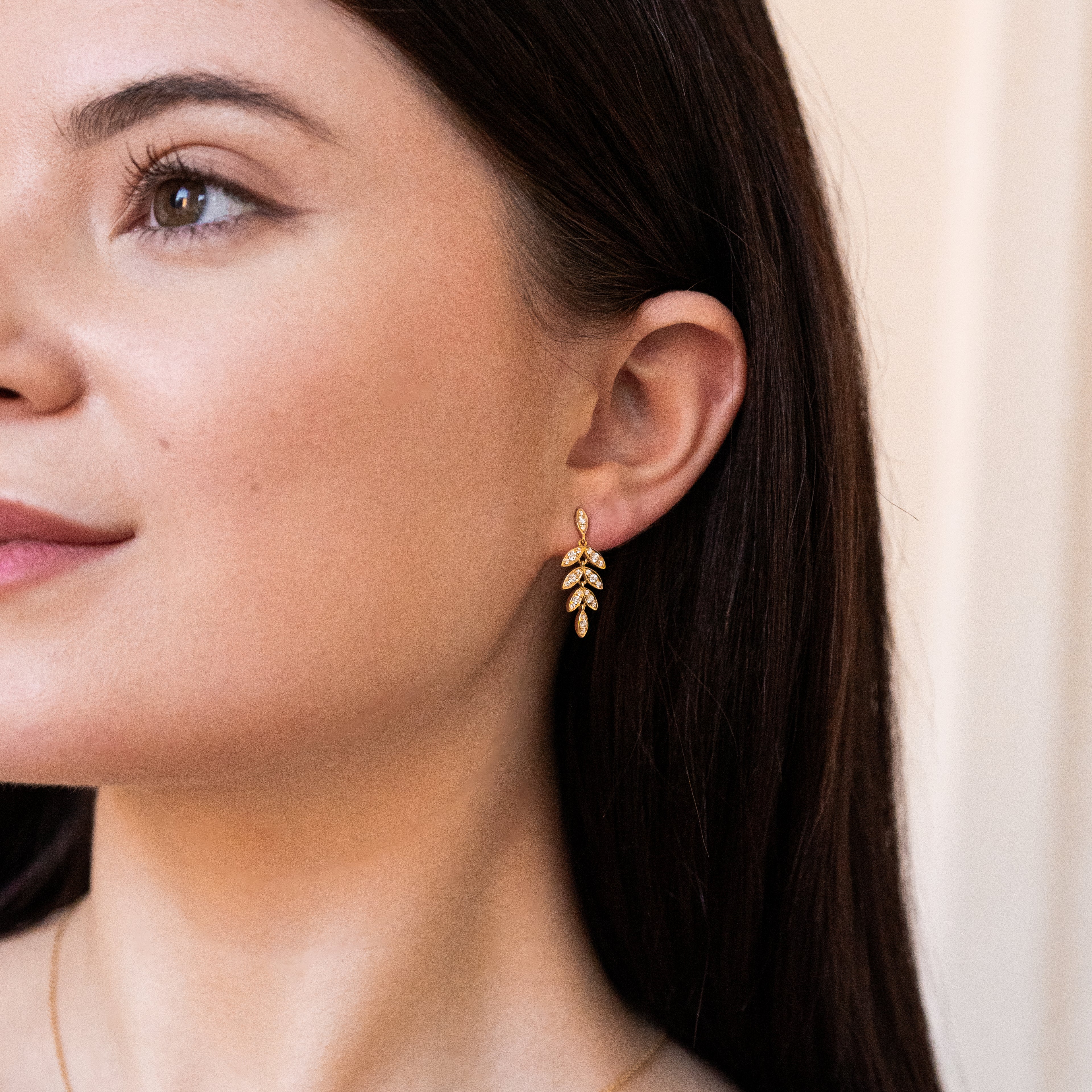 Leaf Style Gold Earrings with Diamonds