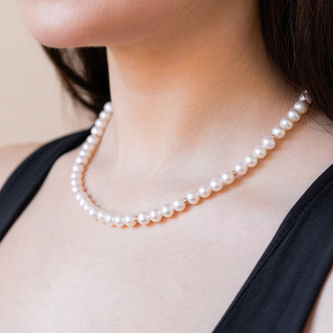 White Pearl Necklace with Yellow Gold