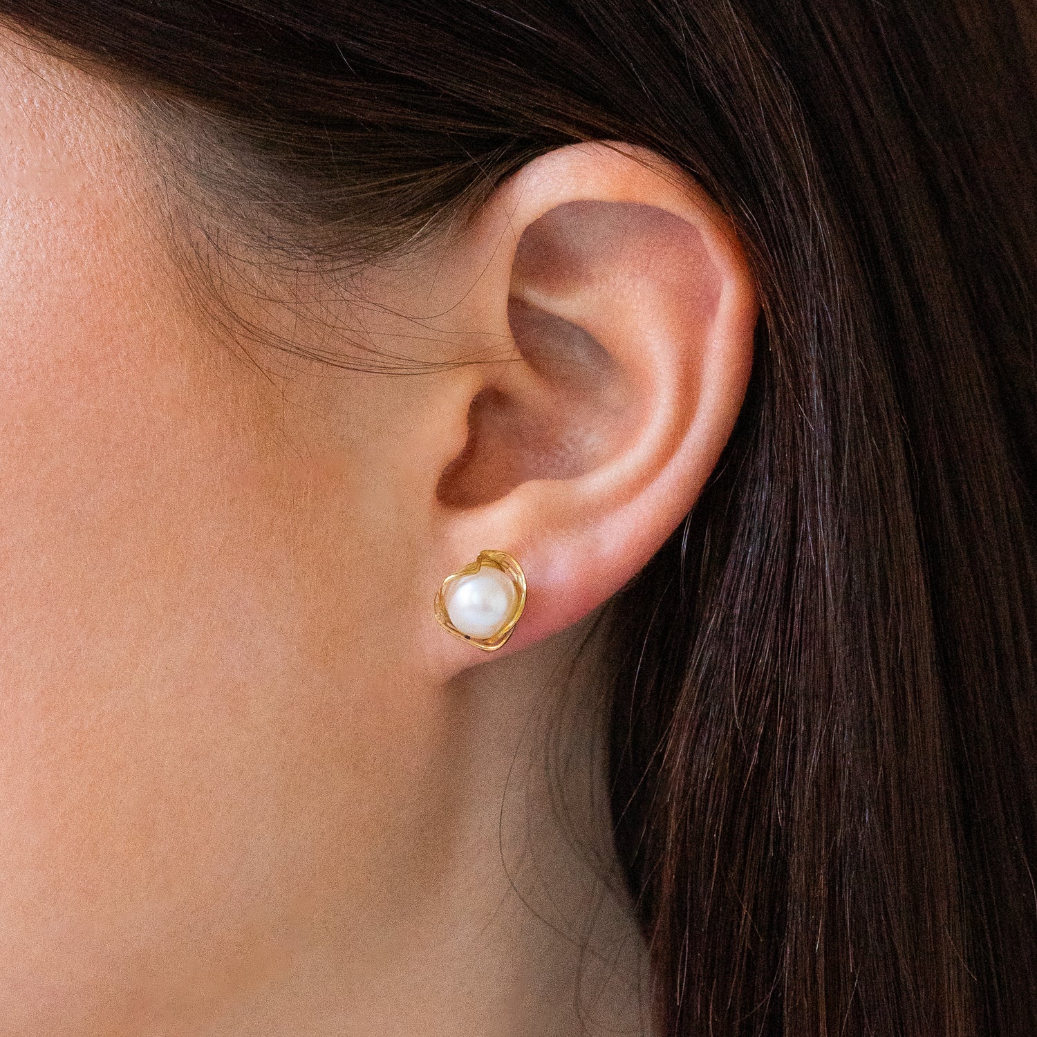 White Pearl Earrings in Yellow Gold