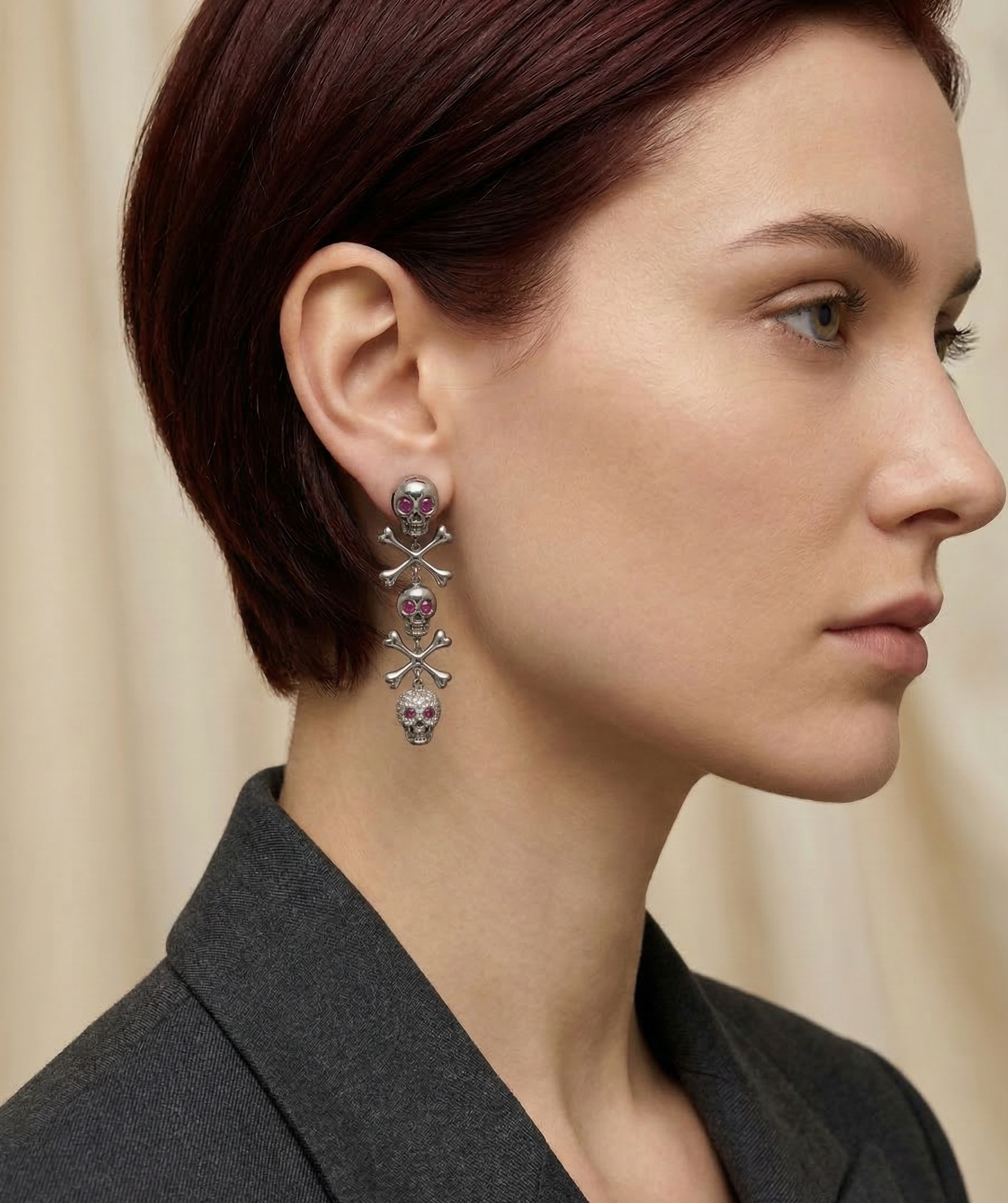 Skull &amp; Bones Drop Earrings 18ct Gold with Diamonds &amp; Pink Rubies