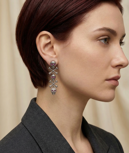 Skull &amp; Bones Drop Earrings 18ct Gold with Diamonds &amp; Pink Rubies