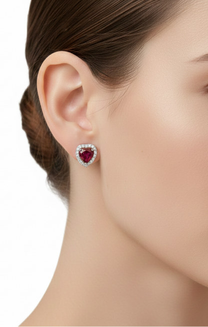 Heart Shaped Ruby &amp; Diamond Halo Stud