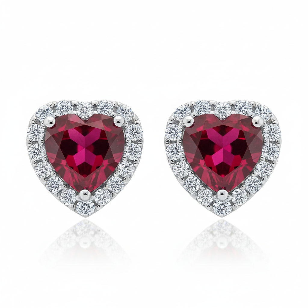 Heart Shaped Ruby &amp; Diamond Halo Stud