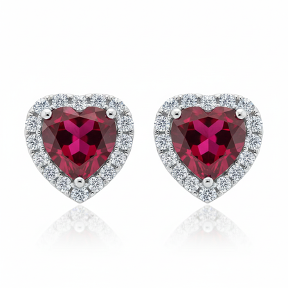 Heart Shaped Ruby &amp; Diamond Halo Stud