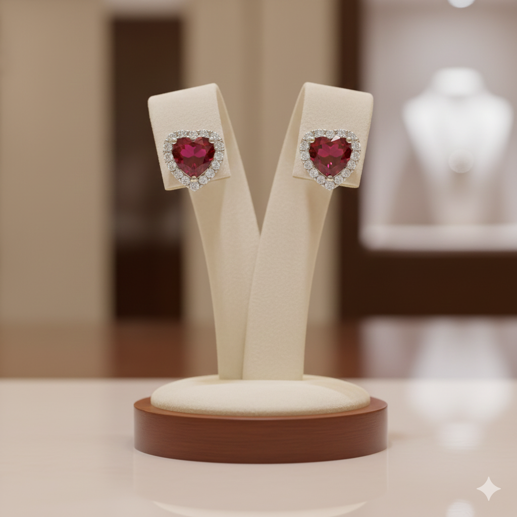 Heart Shaped Ruby &amp; Diamond Halo Stud