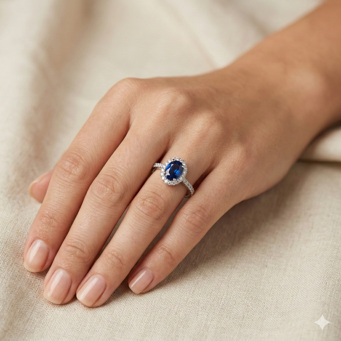 Oval Sapphire &amp; Diamond Halo Ring in 14ct White Gold