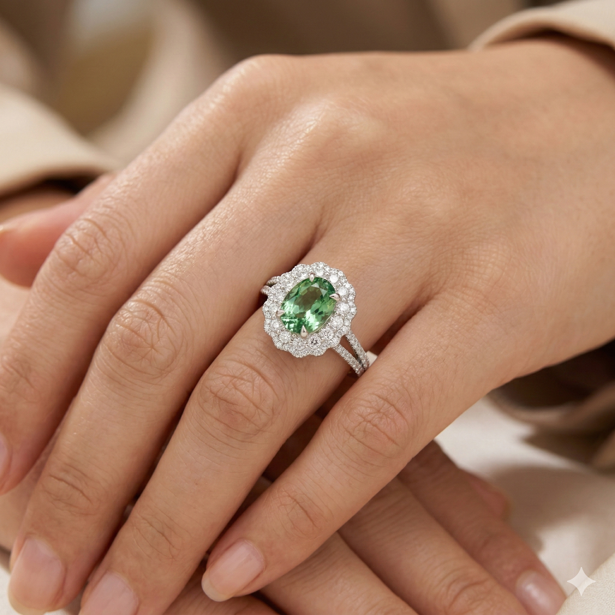2.28ct Oval Green Tourmaline &amp; Diamond Halo Ring