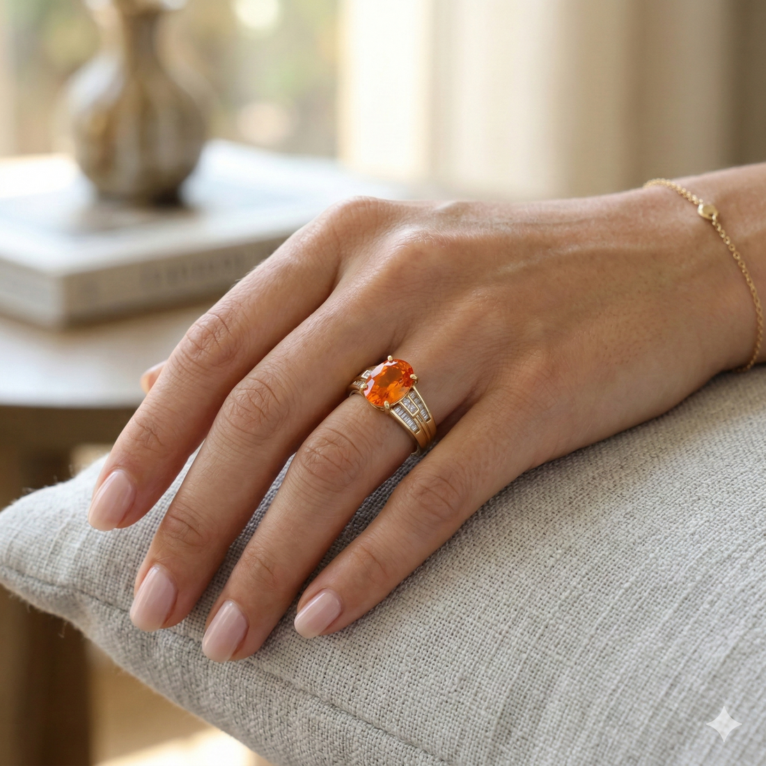 18ct Yellow Gold Fire Opal &amp; Baguette Diamond Ring