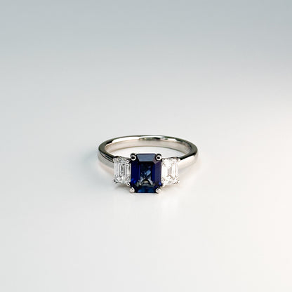 Emerald Cut Blue Sapphire and Diamond Ring