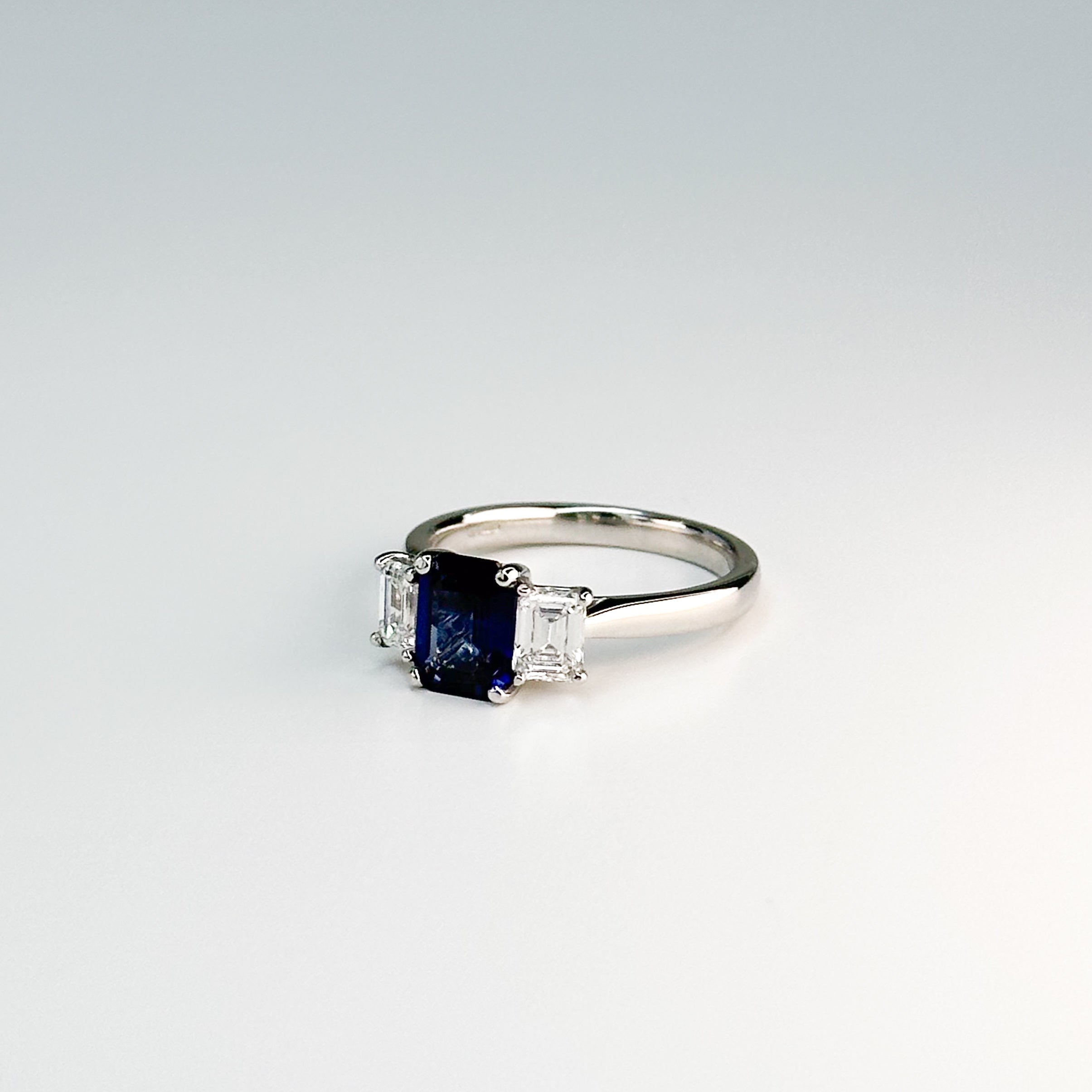 Emerald Cut Blue Sapphire and Diamond Ring