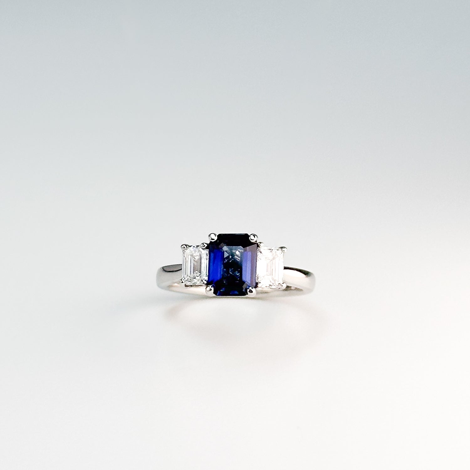 Emerald Cut Blue Sapphire and Diamond Ring