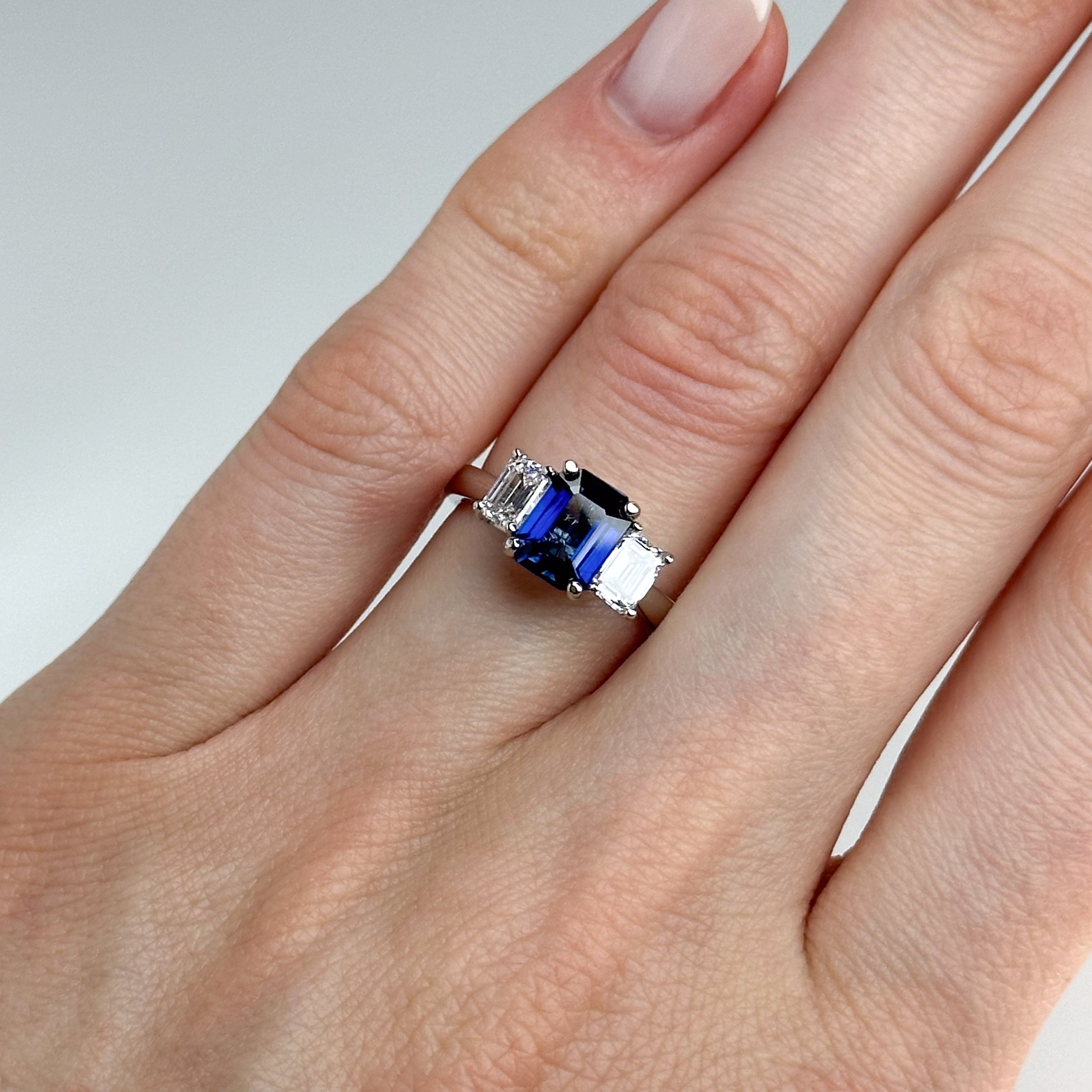 Emerald Cut Blue Sapphire and Diamond Ring