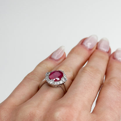 3.23ct Oval Cut Ruby Ring with Diamond Halo