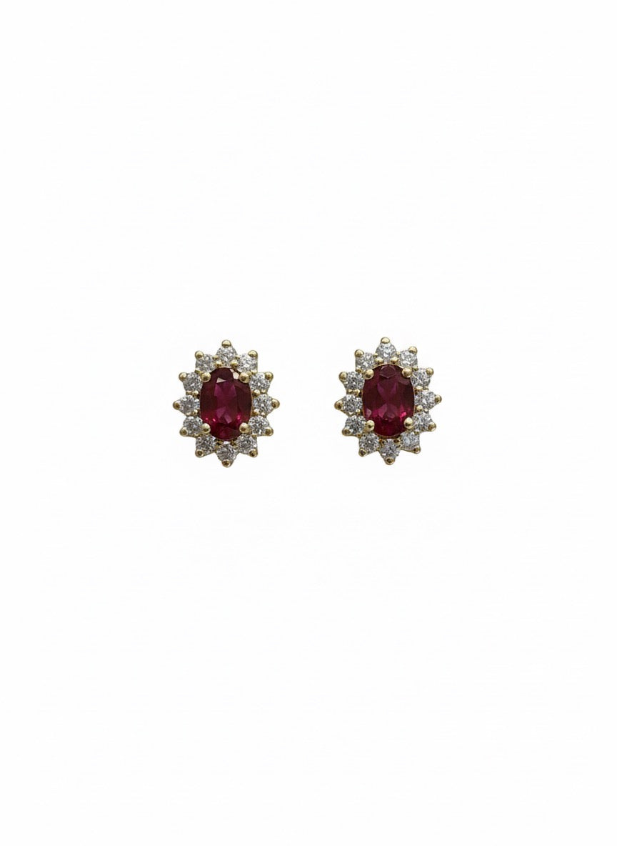 18ct Yellow Gold Ruby &amp; Diamond Halo Stud