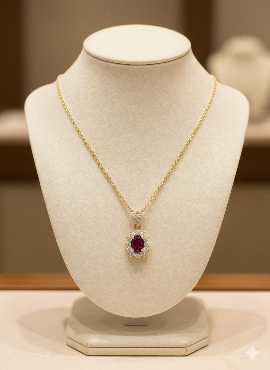 18ct Yellow Gold Ruby &amp; Diamond Halo Pendant