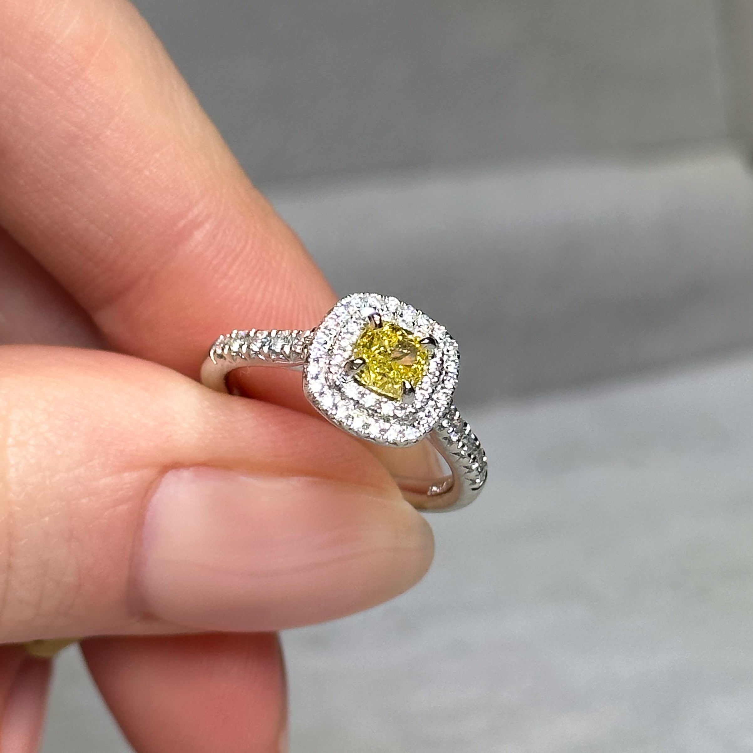 0.50ct Yellow Cushion Cut Diamond Ring with Double Halo